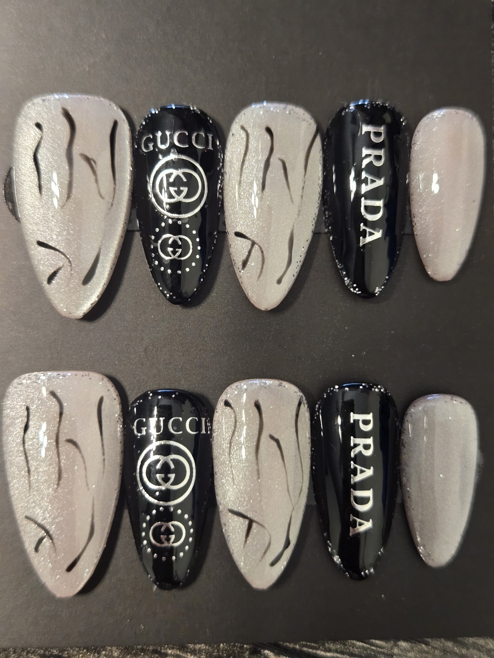 Hand Crafted Black and Silver Luxe Logo Press-On Nails